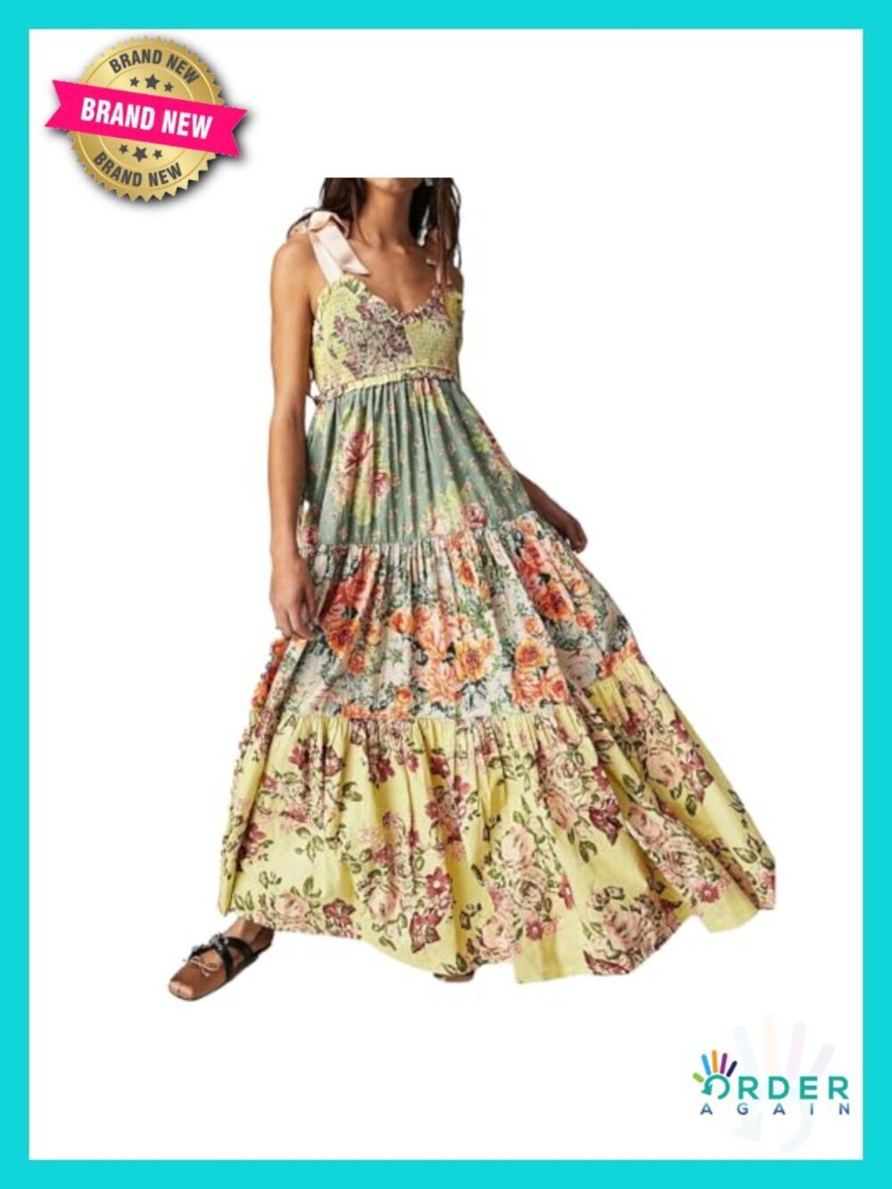 Women Floral Maxi Dress Tie Shoulder Smocked Flowy Boho with Pockets